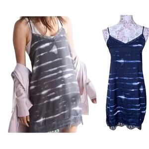 AERIE *Midnight BLUE* Satin Tie Dye Chemise  Lace Trim Cami Mini Slip Dress